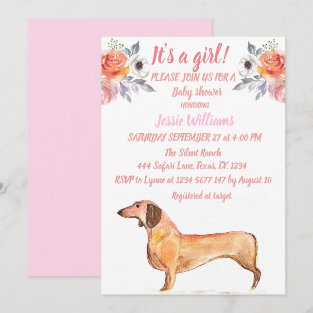 Cute Dog Dachshund Floral Pink Weiner Baby Girl  Invitation (Front/Back)