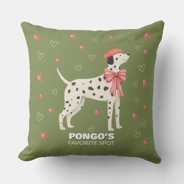 Cute Dog Dalmatian Bow Heart Sage Throw Pillow (Front)
