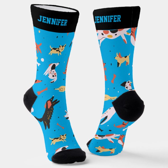 Cute Dog Doodle Pattern Retro Puppy Lover Socks (Angled)
