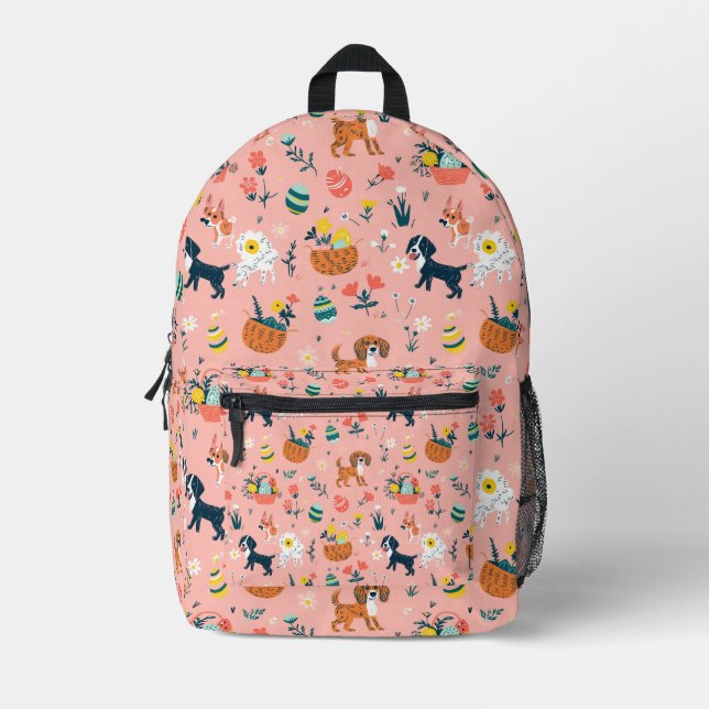 Cute Dog Easter Pattern on Pink Printed Backpack (Front)