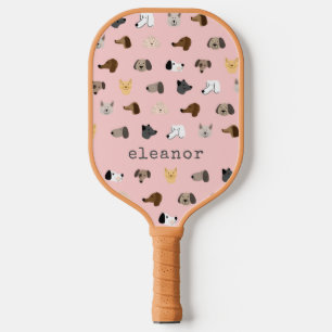 Cute Dog Faces Pink Personalised Name Fun Pickleball Paddle