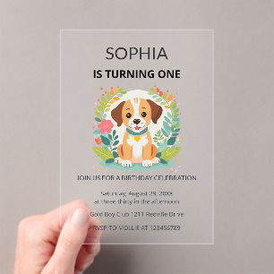 Cute Dog Floral Kids First Birthday Acrylic Invitations