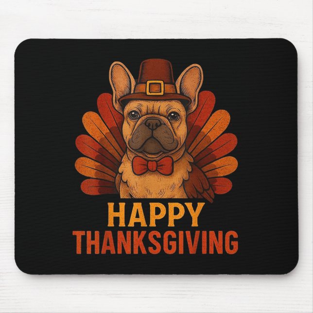 Cute Dog Frenchie Happy Thanksgiving Kids Teen Gir Mouse Pad (Front)