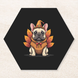 Cute Dog Frenchie Thanksgiving Kids Teen Girl Boy Paper Coaster