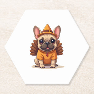 Cute Dog Frenchie Thanksgiving Kids Teen Girl Boy Paper Coaster