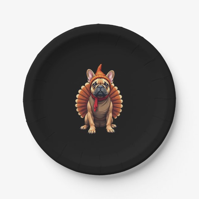 Cute Dog Frenchie Thanksgiving Kids Teen Girl Boy  Paper Plate (Front)