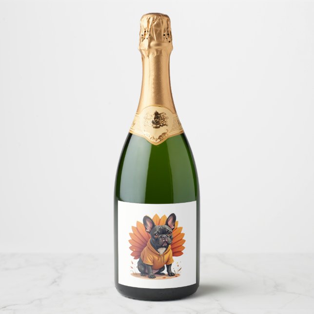 Cute Dog Frenchie Thanksgiving Kids Teen Girl Boy  Sparkling Wine Label (Front)