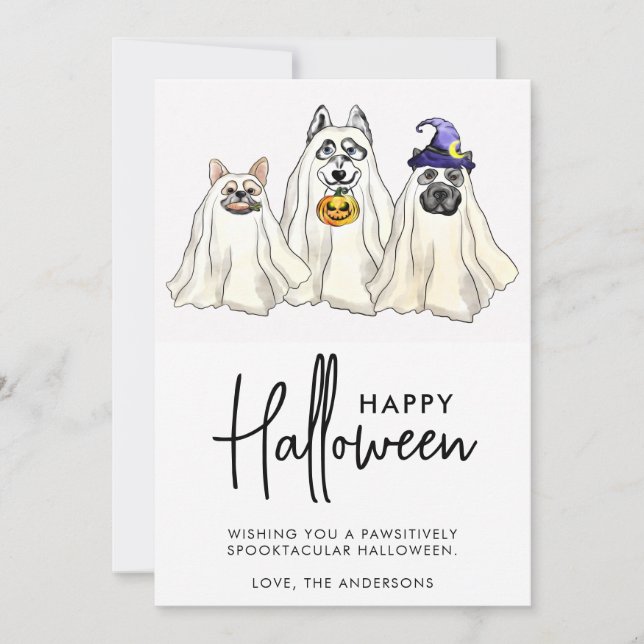 Cute Dog Ghosts Funny Animals Pets Happy Halloween Holiday Card (Front)