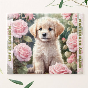 Cute Dog Golden Retriever Puppy Custom Name Jigsaw Puzzle