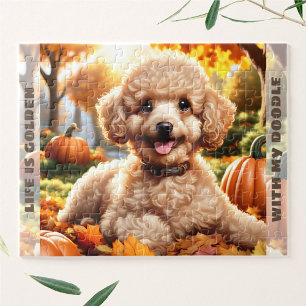 Cute Dog Goldendoodle Puppy Fall Pumpkin Name Jigsaw Puzzle