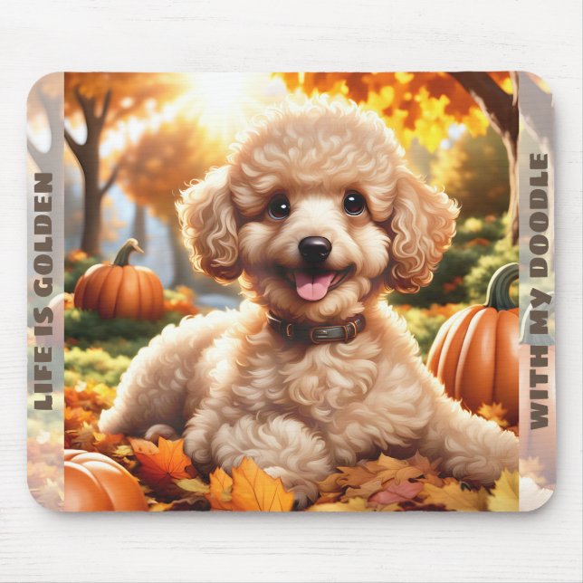 Cute Dog Goldendoodle Puppy Fall Pumpkin Name Mouse Pad (Front)