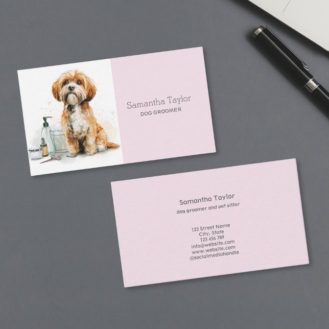 Cute Dog Groomer Salon Spa  Business Card (cute watercolor dog grooming)
