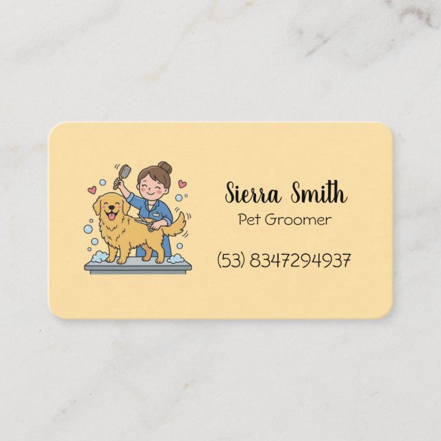 Cute Dog Groomer Yellow Golden Retriever Pet Work Business Card (Front)