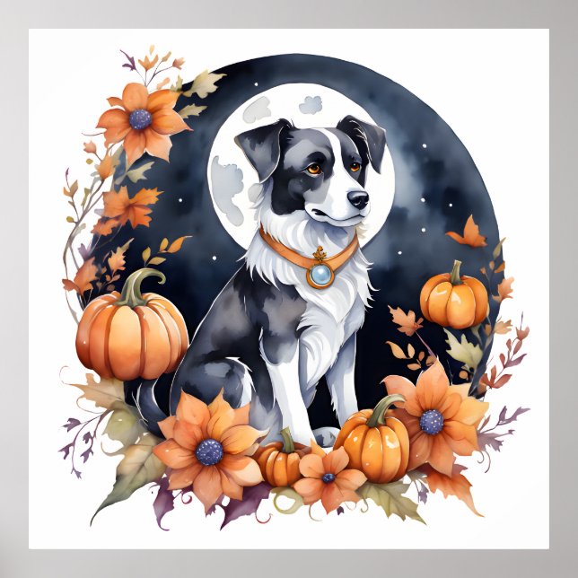 Cute Dog Halloween Floral Moon Canine Lover Poster (Front)