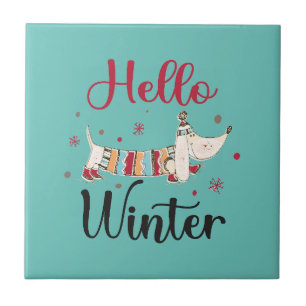 Cute Dog Hello Winter Ceramic Tile