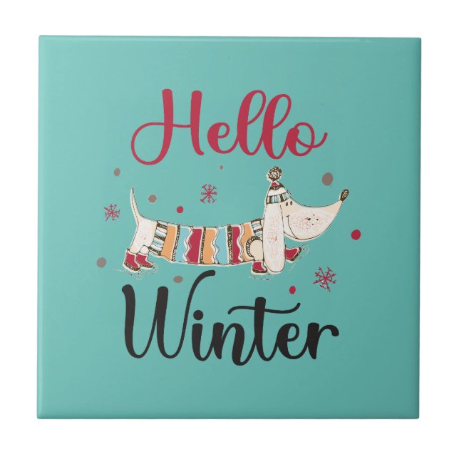 Cute Dog Hello Winter  Ceramic Tile (Front)