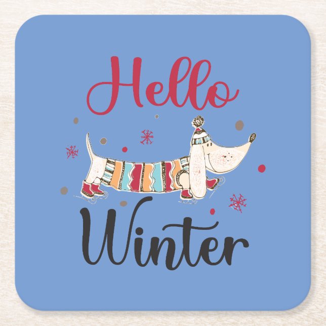 Cute Dog Hello Winter  Square Paper Coaster (Front)