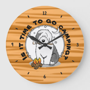 Cute Dog Hiker Camper Old English Sheepdog Grey 1 Large Clock