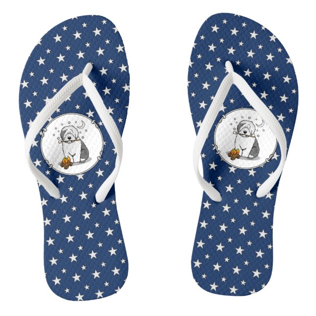 Cute Dog Hiker Camper Old English Sheepdog Grey 1 Thongs (Footbed)