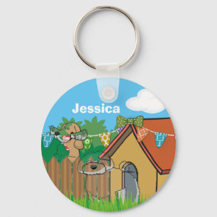 Cute Dog House Neighbours Cartoon Personalised Key Ring