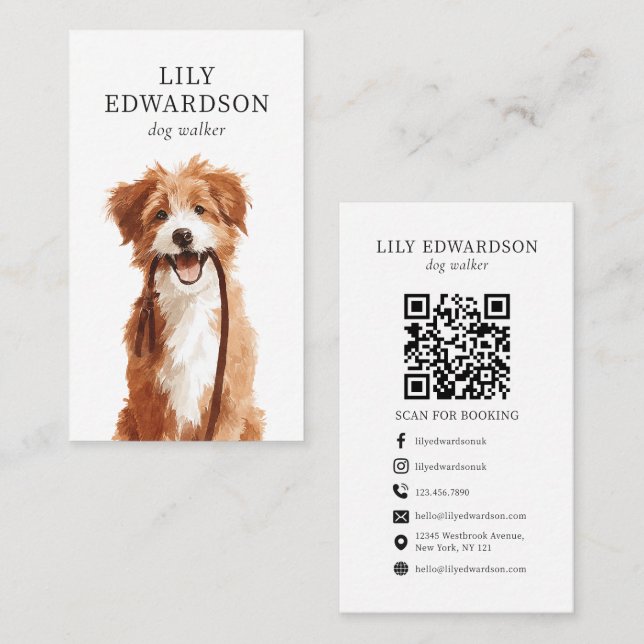 Cute Dog Illustration Dog Walker Sitter QR Code Business Card (Front/Back)