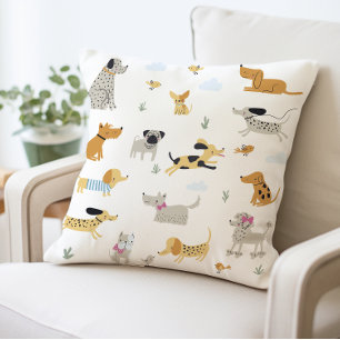 Cute Dog Illustration Pillow, Playful Dog Print  Cushion