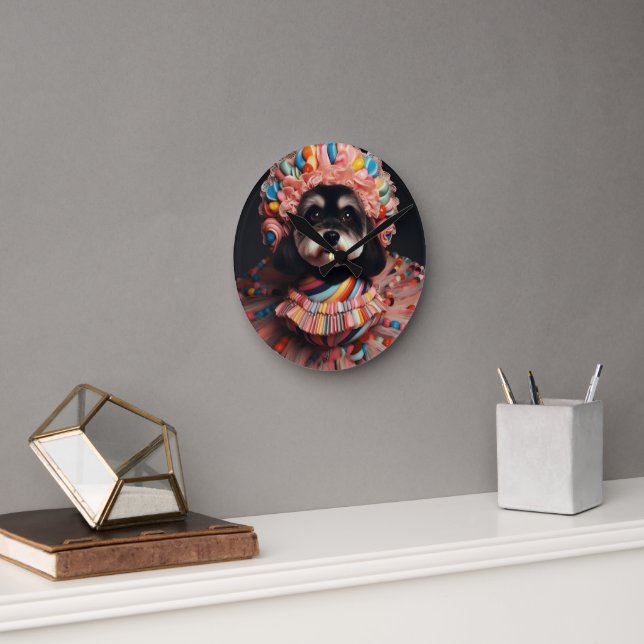 Cute dog in a beaded dress round clock (Office)