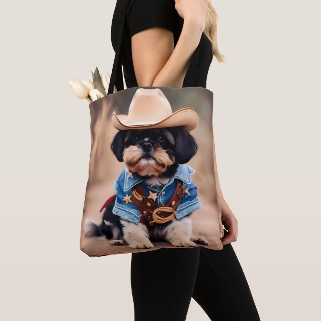 Cute dog in a cowboy costume tote bag (Close Up)