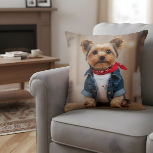 Cute Dog in a Jean Jacket Cushion
