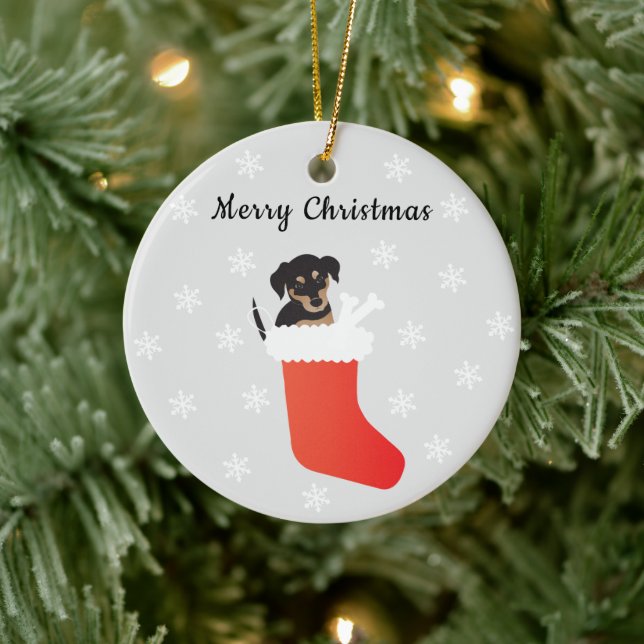Cute Dog In A Stocking Snowflakes Ceramic Ornament (Tree)