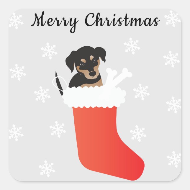 Cute Dog In A Stocking Snowflakes Square Sticker (Front)