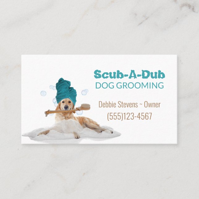 Cute Dog In a Towel Pet Grooming Service Business Card (Front)
