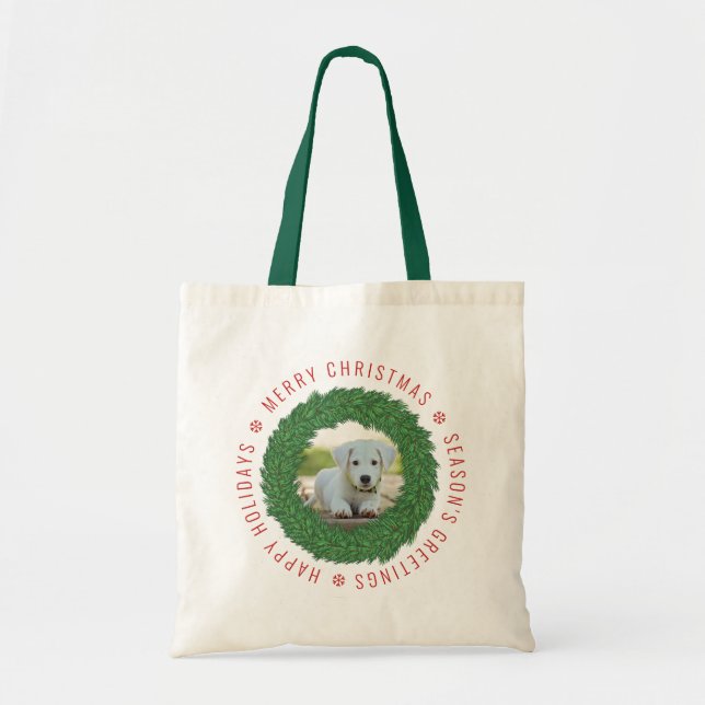Cute Dog in Christmas Wreath Custom Pet Photo Tote Bag (Front)