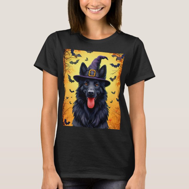 Cute Dog in Halloween Scene With Pumpkins T-Shirt (Front)