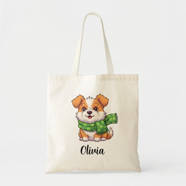 Cute Dog in Shamrock Scarf Tote Bag (Front)
