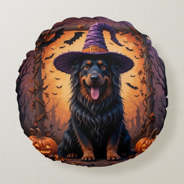 Cute Dog in Witch Hat Surrounded by Pumpkins Round Cushion (Front)