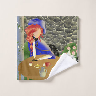 Cute Dog & Lady in Cafe at Sunset Wash Cloth