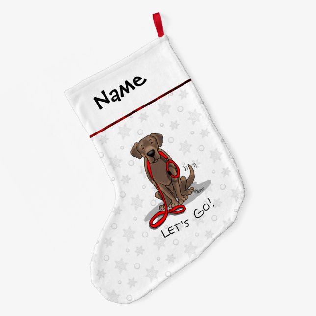 Cute Dog - Let's Go! Chocolate Labrador Retriever Large Christmas Stocking (Back (Hanging))