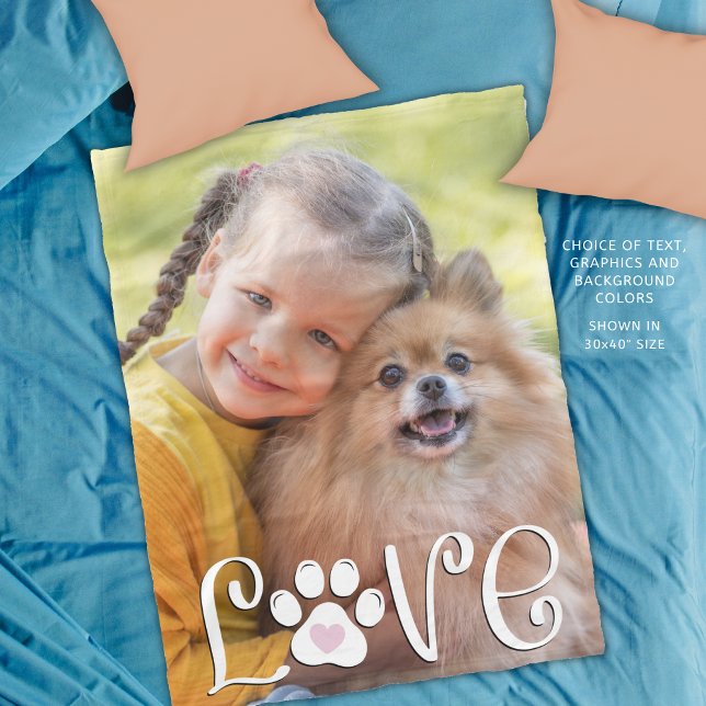 Cute Dog LOVE Paw Print Photo Custom Fleece Blanket (Creator Uploaded)