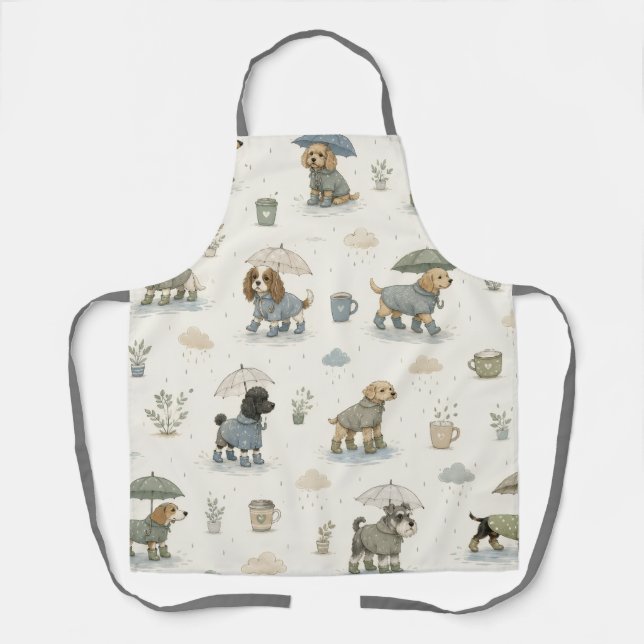 Cute Dog Lover Apron – Cozy Rainy Day Dogs Pattern (Front)
