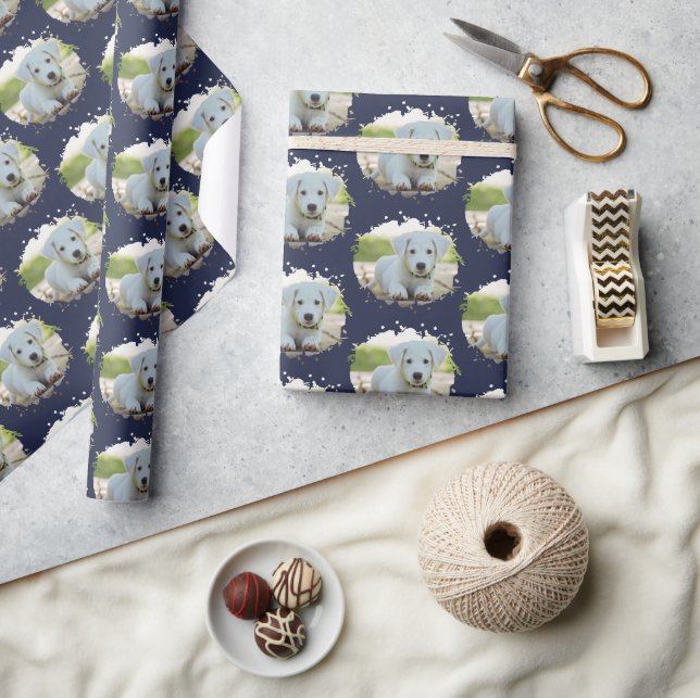 Cute Dog Lovers Personalised Photo Pattern Blue Wrapping Paper (Crafts)