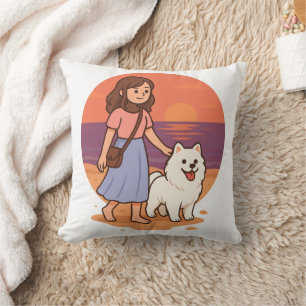 Cute Dog Mom Walking Fluffy Pup on Sunset Beach Cushion