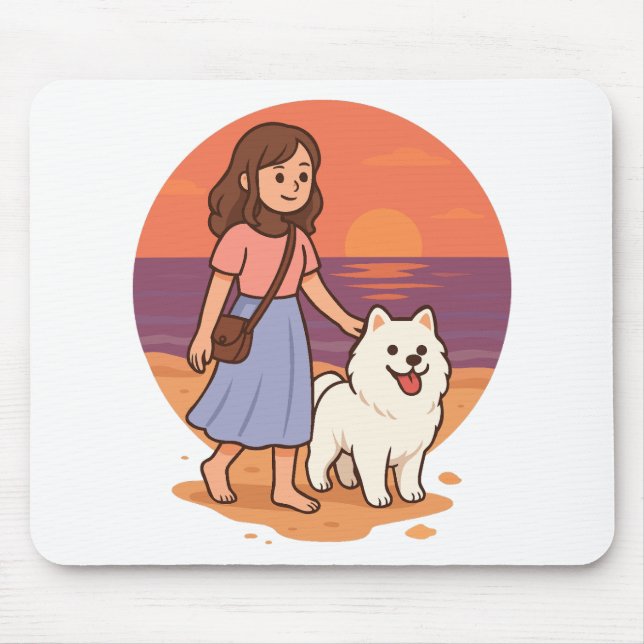 Cute Dog Mom Walking Fluffy Pup on Sunset Beach  Mouse Pad (Front)