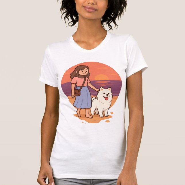 Cute Dog Mom Walking Fluffy Pup on Sunset Beach  T-Shirt (Front)