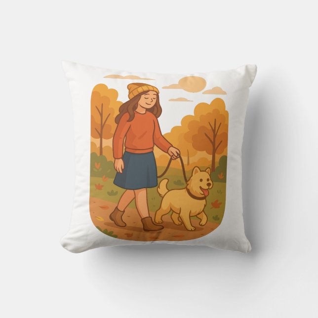 Cute Dog Mom Walking Pup in Cozy Forest  Cushion (Front)