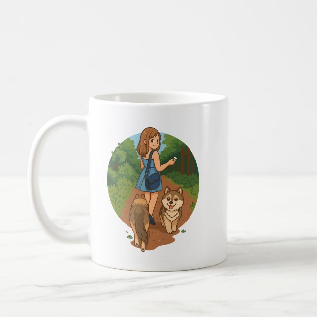Cute Dog Mom Walking Puppies Forest Trail Illustra Coffee Mug (Left)