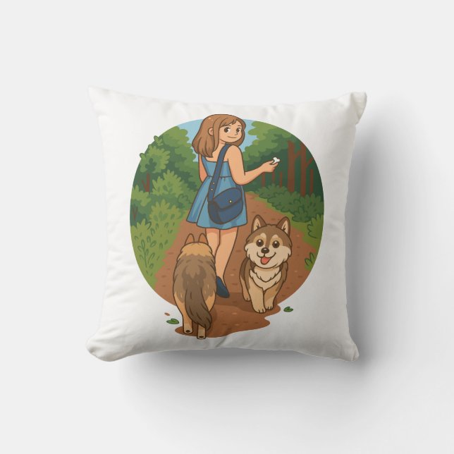 Cute Dog Mom Walking Puppies Forest Trail Illustra Cushion (Front)