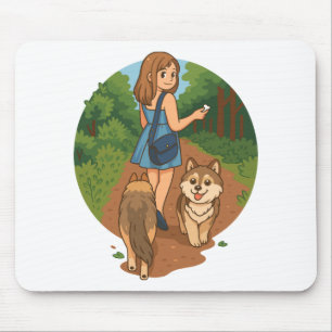 Cute Dog Mom Walking Puppies Forest Trail Illustra Mouse Pad