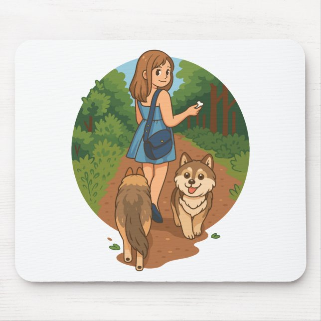 Cute Dog Mom Walking Puppies Forest Trail Illustra Mouse Pad (Front)