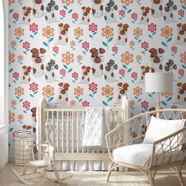 Cute dog mother and babies, flowers pattern wallpaper (Kids)